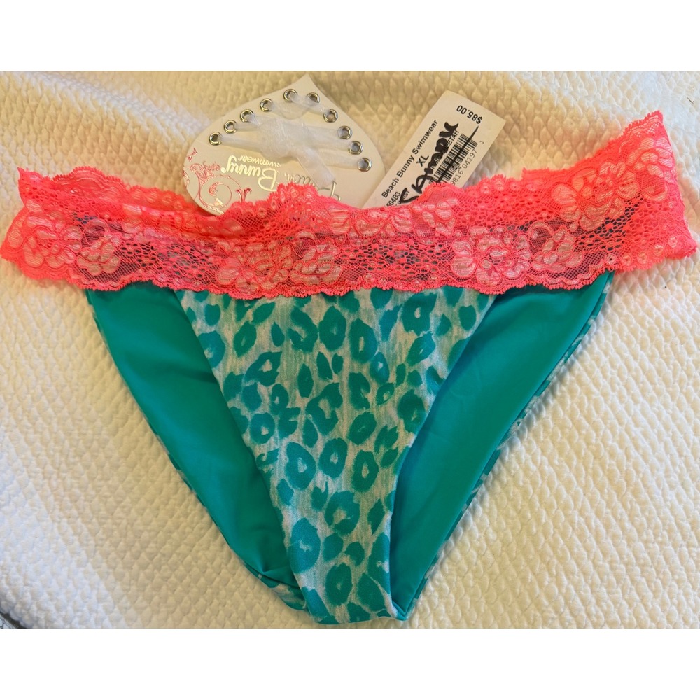 Beach Bunny Swimwear Teal Leopard Pink Lace Bikini‎ Bottom XL R1504B3 NEW
